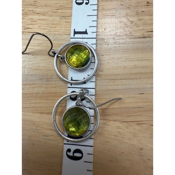 Green Glass & Silver-Tone Double Circle Dangle Earrings 90's - Picture 4 of 6
